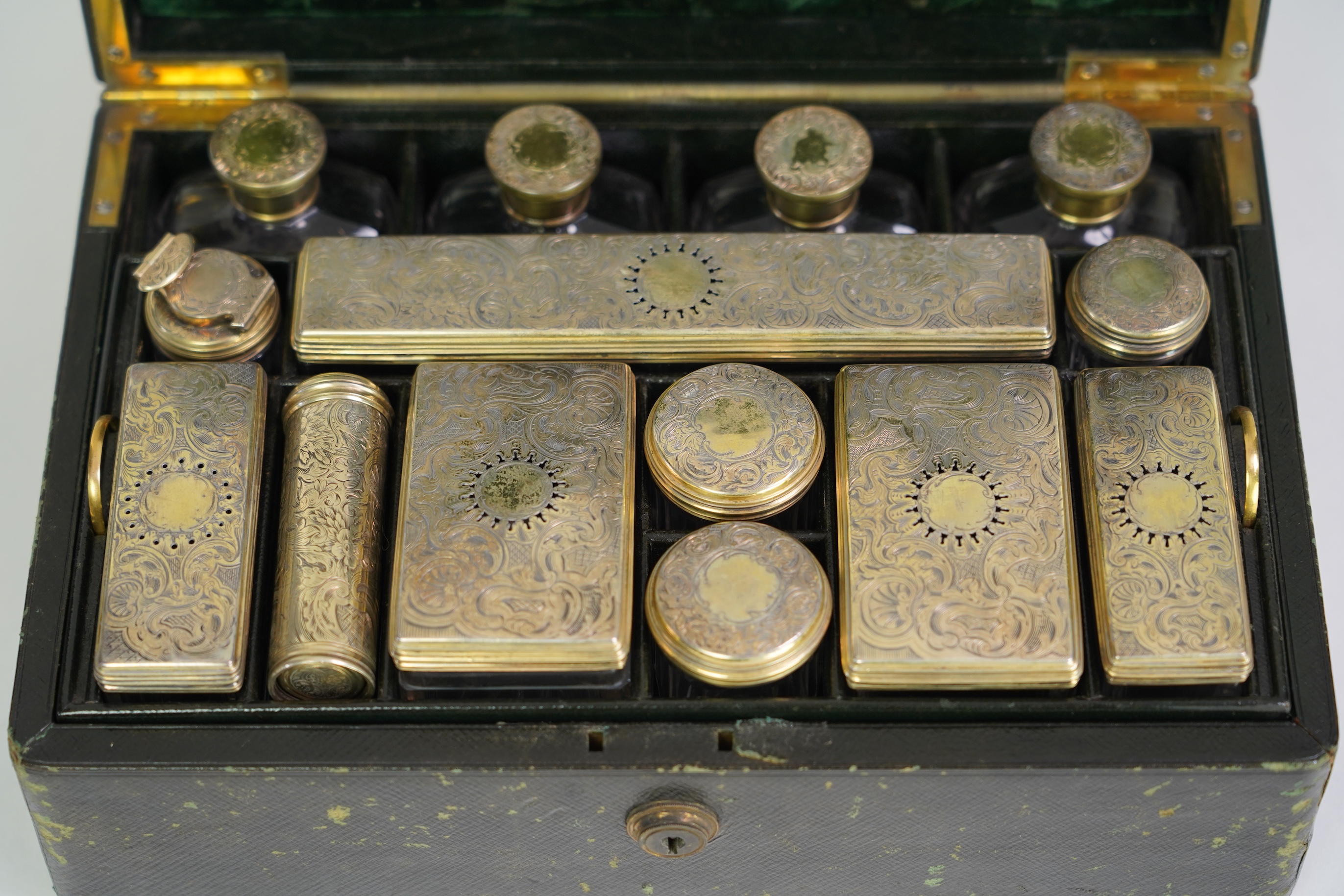 A gentleman's William IV gilt tooled leather travelling toilet case, by 'Edwards, Manufacturer to His Majesty, 21 Kings Street, Bloomsbury, London,'